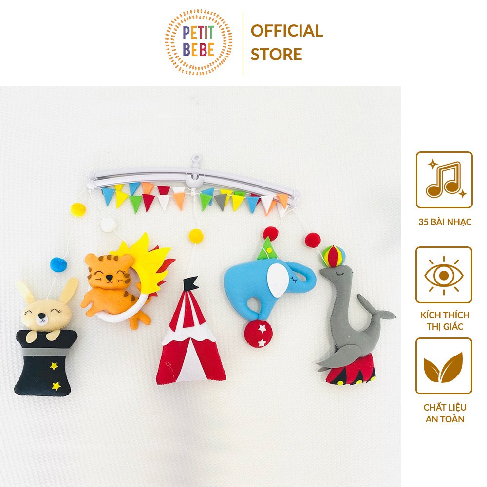 Đồ chơi treo nôi cũi cho bé hình xiếc thú PETIT BEBE xoay phát nhạc kích thích thị giác