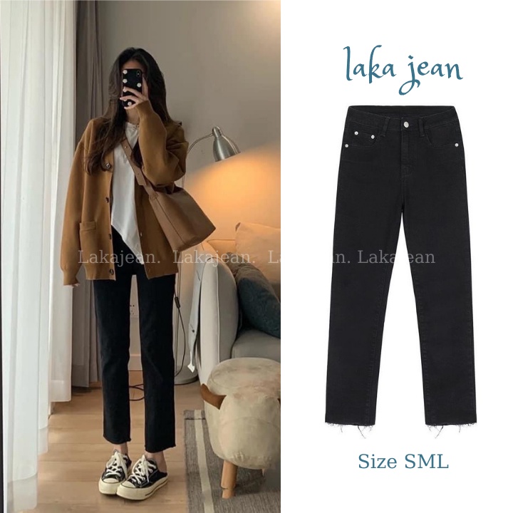 Quần Jeans Nữ Ống Đứng Đen Co Giãn Hàn Quốc LAKA JEAN Quần Bò Lưng Cao, Ống Suông
