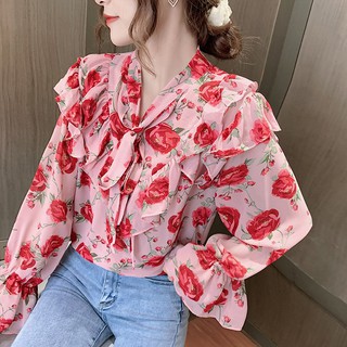 Áo sơ mi voan hoa tay loe thắt nơ nữ tính trẻ trung hợp thời trang size S-2xl