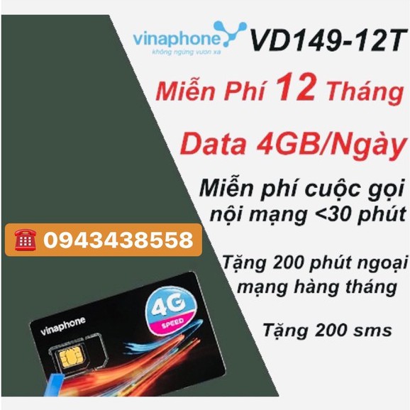 [HN - Ship Hỏa Tốc] SIM 4G VINA VD149 TRỌN GÓI 12 THÁNG KHÔNG NẠP TIỀN 120GB/THÁNG DATA TỐC ĐỘ CAO