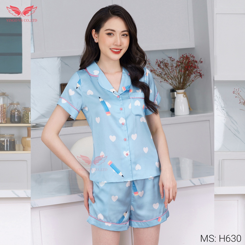 Đồ bộ nữ mặc nhà Pijama VINGO Lụa Pháp cao cấp tay ngắn quần cộc họa tiết bút chì hồng phối xanh mùa Hè H630 VNGO