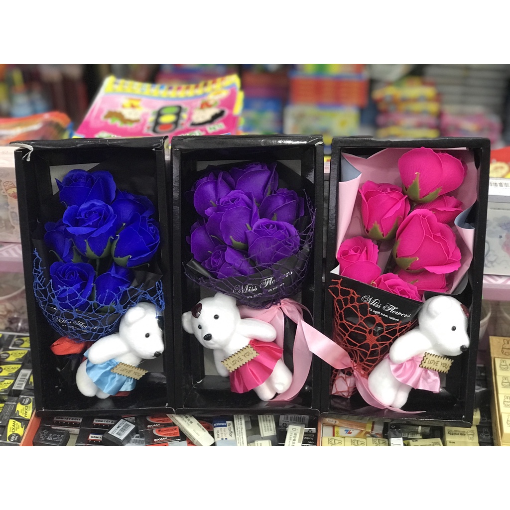 Hoa Hồng Sáp Hộp Đen 7 Bông 1 Gấu - Quà Tặng 14/2, 8/3, 20/10, Giáng Sinh Noel, Sinh Nhật, Lễ Tết