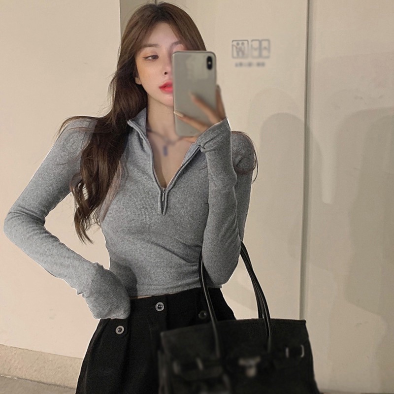 Áo croptop tay dài màu trơn dáng ôm phối khóa kéo thời trang Hàn Quốc đơn giản quyến rũ cho nữ