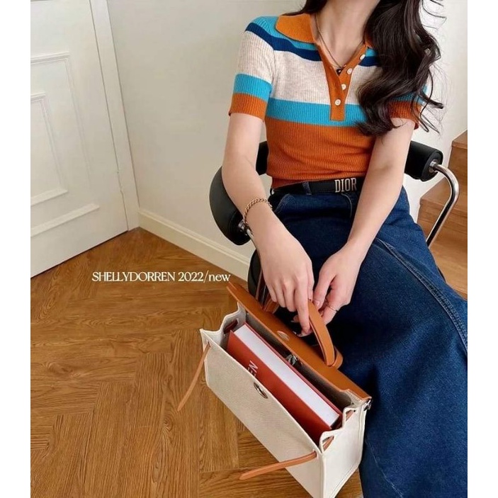 Áo len kẻ cổ bẻ