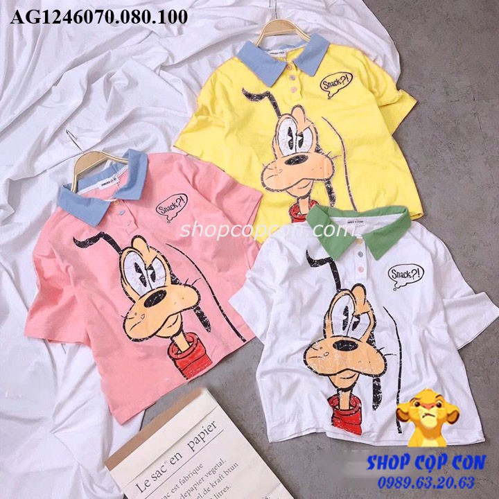 Áo thun cổ phối màu in hình cho bé gái từ 9-48kg