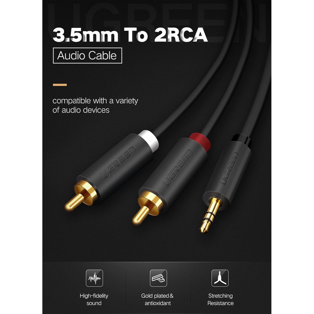 Dây cáp âm thanh Ugreen chuyển đổi đầu Male 3.5MM sang 2RCA đa năng cho Laptop/máy tính bảng/MP3/điện thoại thông minh
