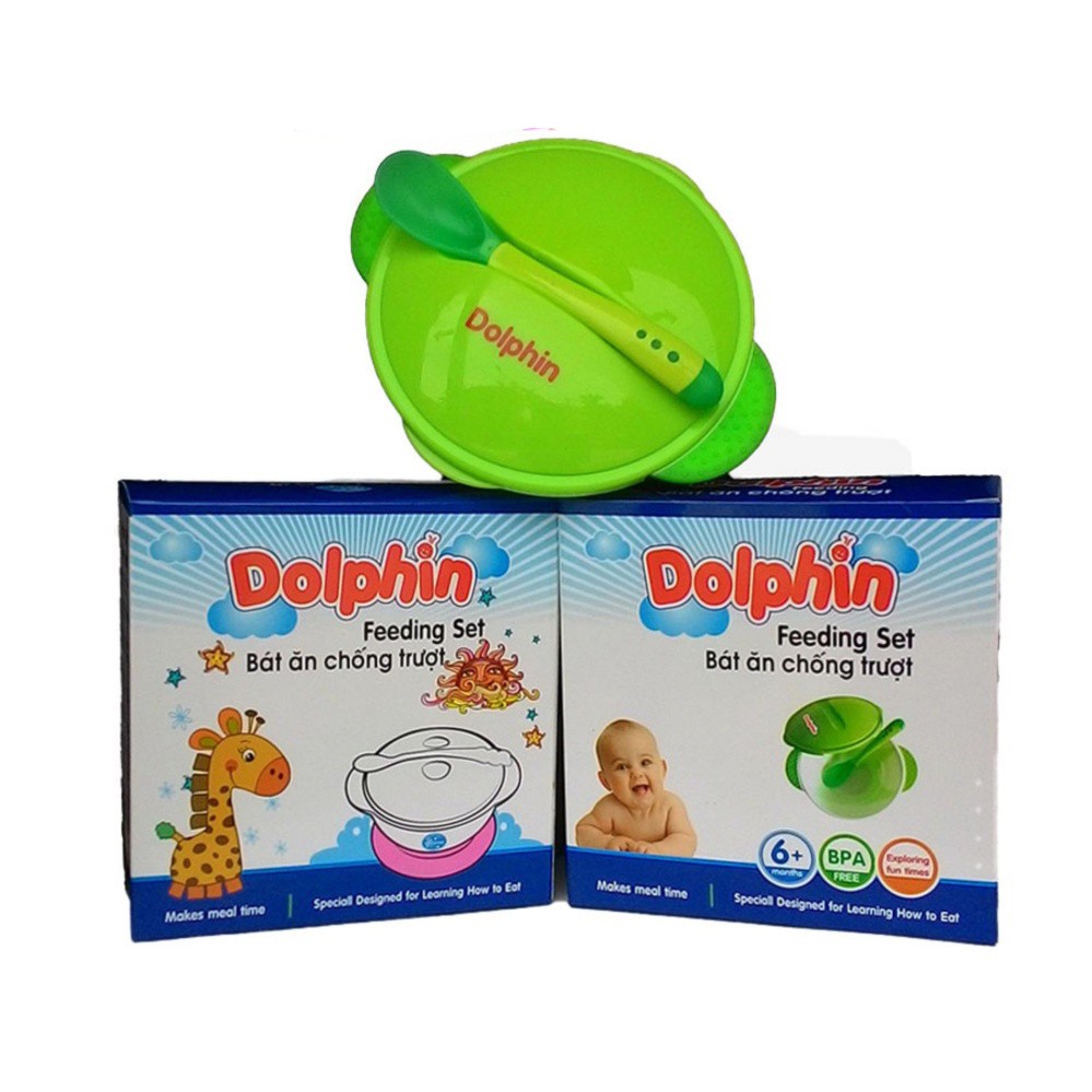 Bộ bát thìa tập ăn cho bé DOLPHIN có đế dính chống trượt kèm bộ sản phẩm
