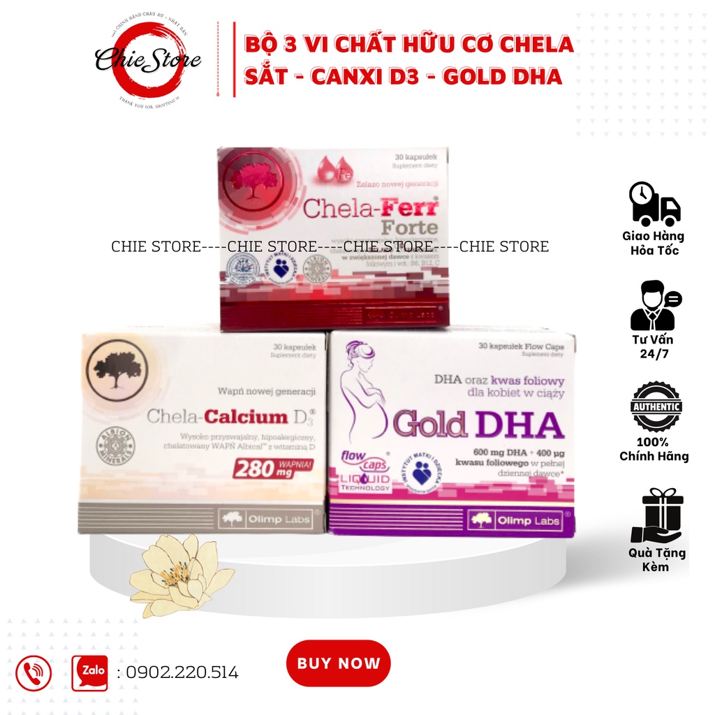 [GIÁ TỐT] Bộ 3 vi chất Canxi D3 + Sắt hữu cơ + DHA gold