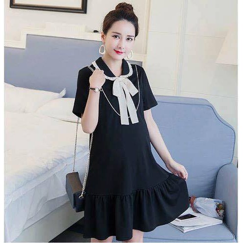 Đầm Bầu Baby Doll Có Cổ Cột Nơ Ulzzang