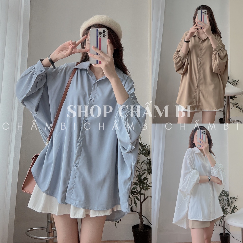 Áo sơ mi kiểu nữ A.287, Áo sơ mi lụa cổ đức tay bồng dáng dài cách điệu phong cách đơn giản