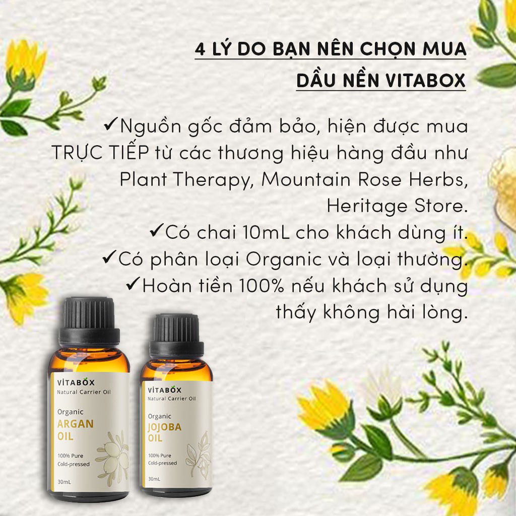 Dầu nền hữu cơ ép lạnh VITABOX Organic Carrier oil Jojoba Argan Grapeseed Avocado nguyên tinh chất dưỡng da mặt body tóc