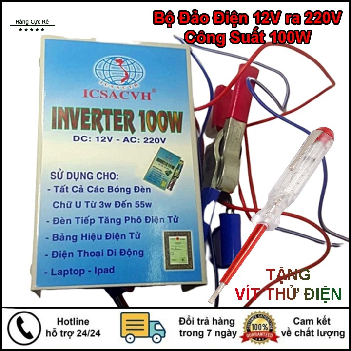 Thiết bị biến điện 12v ra 220v công suất 60W hoặc 100W + Tặng vít thử điện