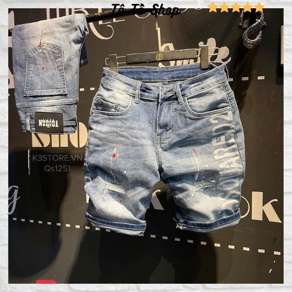 Quần short jean nam màu xanh phối rách, quần sọt nam co giãn chất bò mịn xịn thời trang Tô Tồ Shop - MQ401