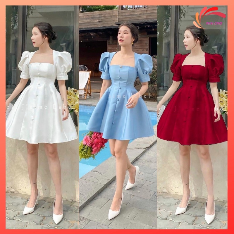 Váy đầm xoè phồng nút bọc dự tiệc sang trọng tay bồng chất taffa V210 màu trắng đỏ xanh AĐ BOUTIQUE