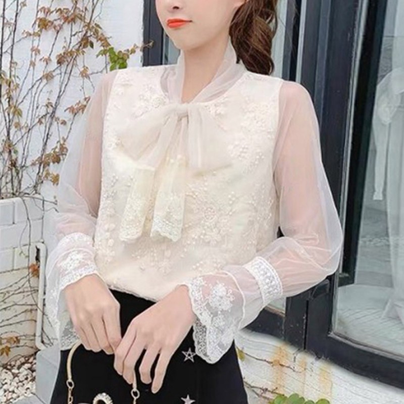 Áo Kiểu Tay Dài Phối Ren Hoa Thiết Kế Màu Trơn Thanh Lịch