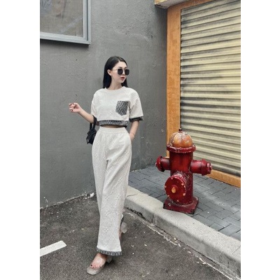 Sét bộ xốp in nổi Quần dài dáng croptop