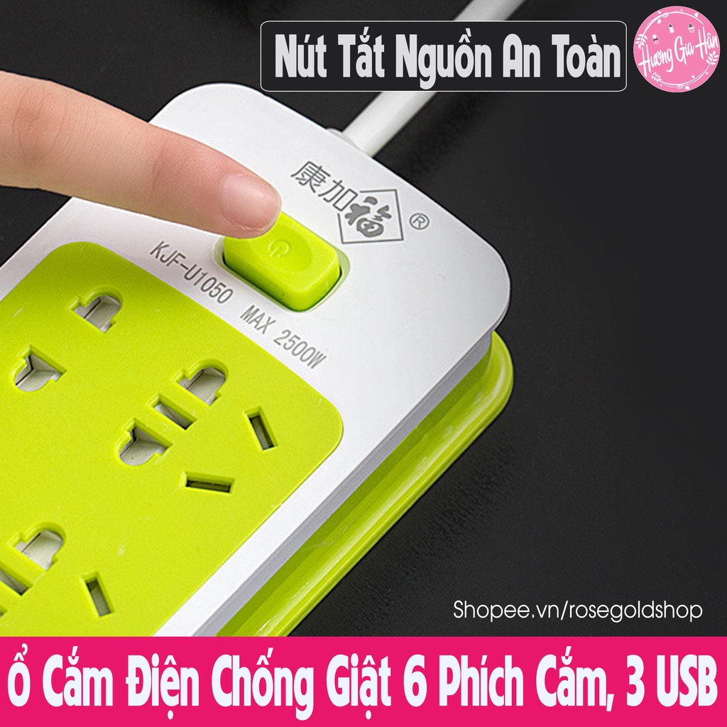 Ổ Cắm Điện Chống Giật 6 Phích Cắm, 3 Cổng USB, Phù Hợp Mọi Loại Phích Cắm, Nút Nguồn An Toàn Cho Trẻ Nhỏ