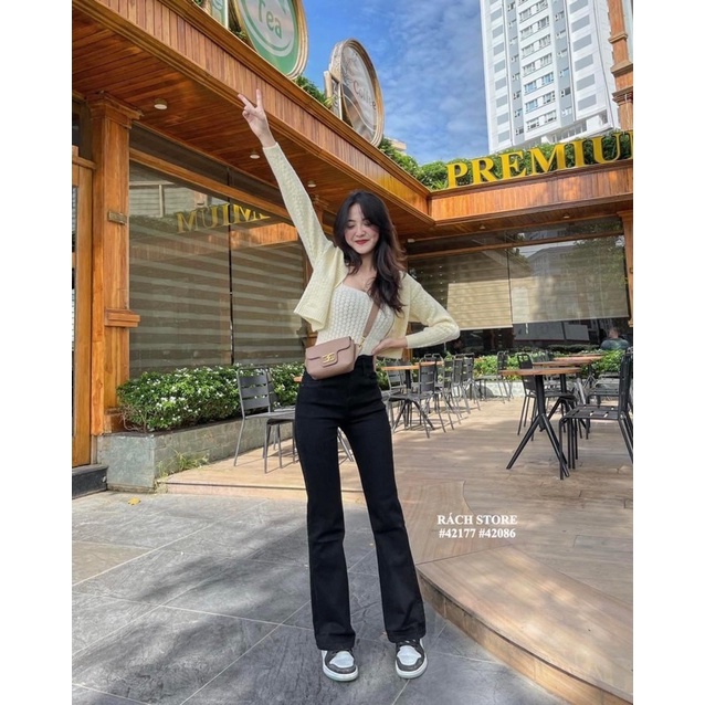 [RÁCH STORE] Set áo len (1892) áo dây kèm cardigan 3nút đá - Quần jean loe (5232) trơn nút đôi