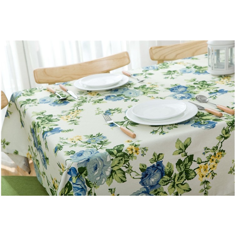 [Size lớn] Khăn trải bàn vải canvas nền trắng dày cao cấp có viền mép hoạ tiết hoa hồng xanh phong cách vintage [[T032]