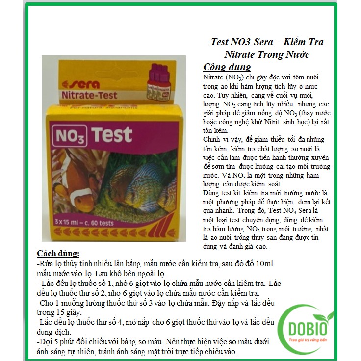 Sera NO3 test DOPA Kiểm tra hàm lượng Nitrate NO3 trong môi trường nước.