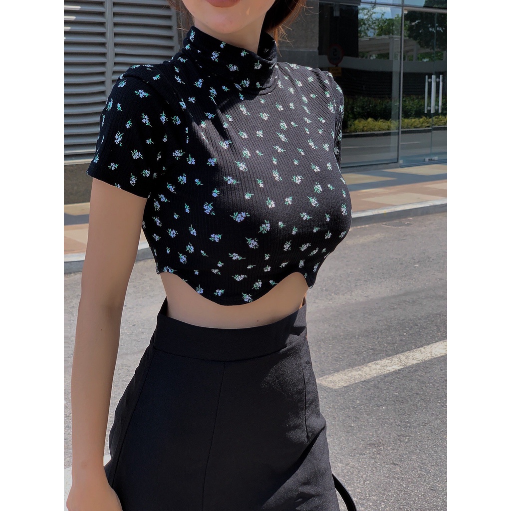 Áo Crop Tn Cổ Lọ Viền Lai Tay Ngắn Yoona F&C