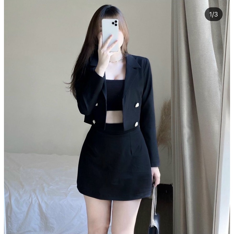 Set Crop đen nữ 3 món: Áo vest+ áo quây croptop+ chân váy ngắn chữ A chun eo