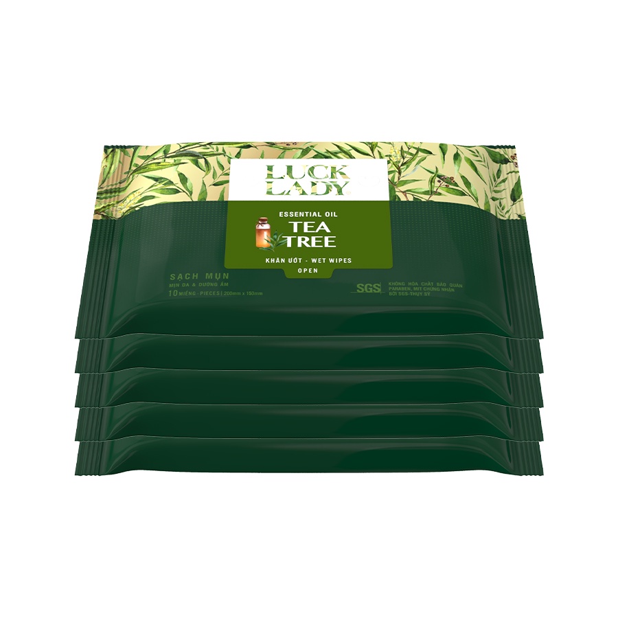 Khăn ướt ngừa mụn, mềm mịn da Luck Lady Tea Tree 10 tờ/gói - Combo 5 gói