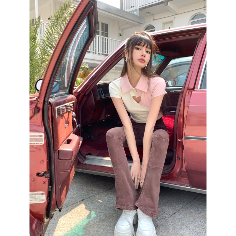 Áo thun polo ZHELIHANGFEI ngắn tay lưng cao thiết kế bất đối xứng phong cách quyến rũ