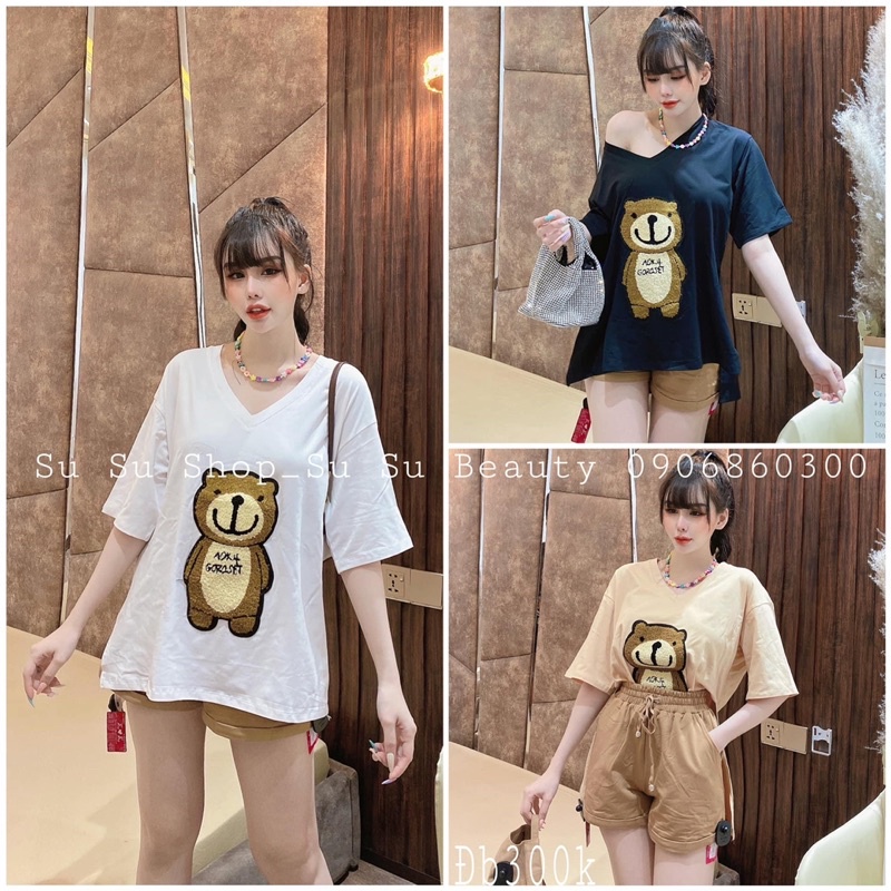 Set đùi gấu thêu cổ tim xẻ tà xinh xắn D1