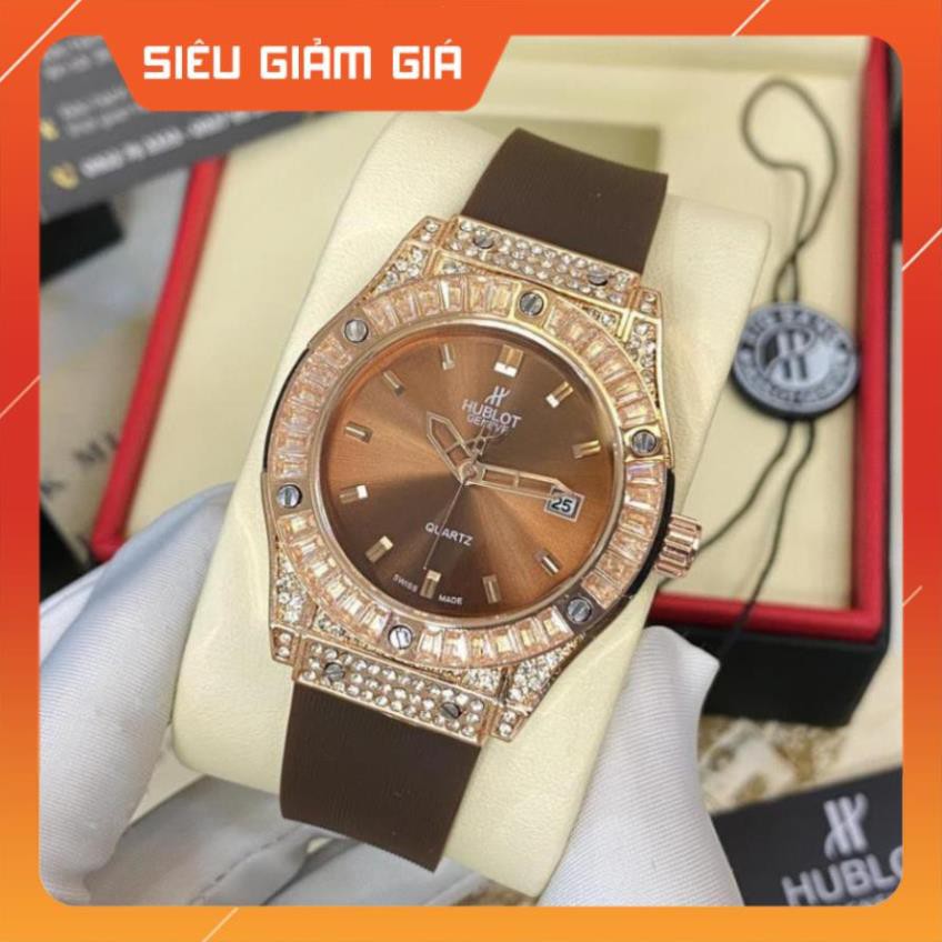 (Thẻ bảo hành 12 tháng) Đồng hồ nữ Hublot mặt tròn đính viền đá dây cao su vani cao cấp