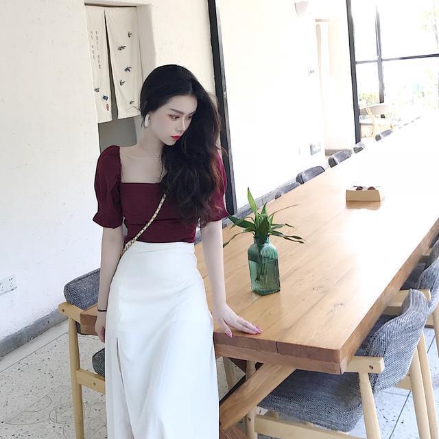 Set Áo Cổ Vuông 2022 + Chân Váy Xẻ Tà Lưng Cao Tôn Dáng Thời Trang Phong Cách Hàn Quốc Cho Nữ