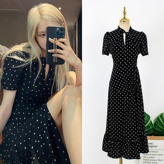 rose blackpink Đầm Tay Phồng Họa Tiết Chấm Bi Xẻ Tà Xinh Xắn Dành Cho Nữ