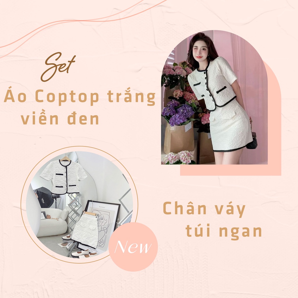 Set công sở áo croptop trắng viền đen
