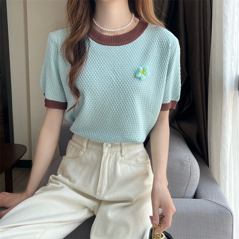 Áo thun dệt kim ZHELIHANGFEI tay ngắn thêu hoa xinh xắn thời trang