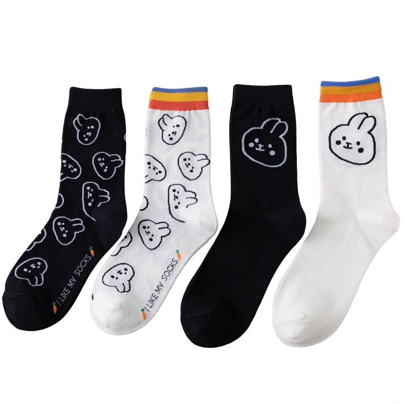 Cartoon Rabit Cotton Ladies Crew Socks Spring Cute Kawaii Animal Print Personality Black White Women Novelty Long Ankle Socks