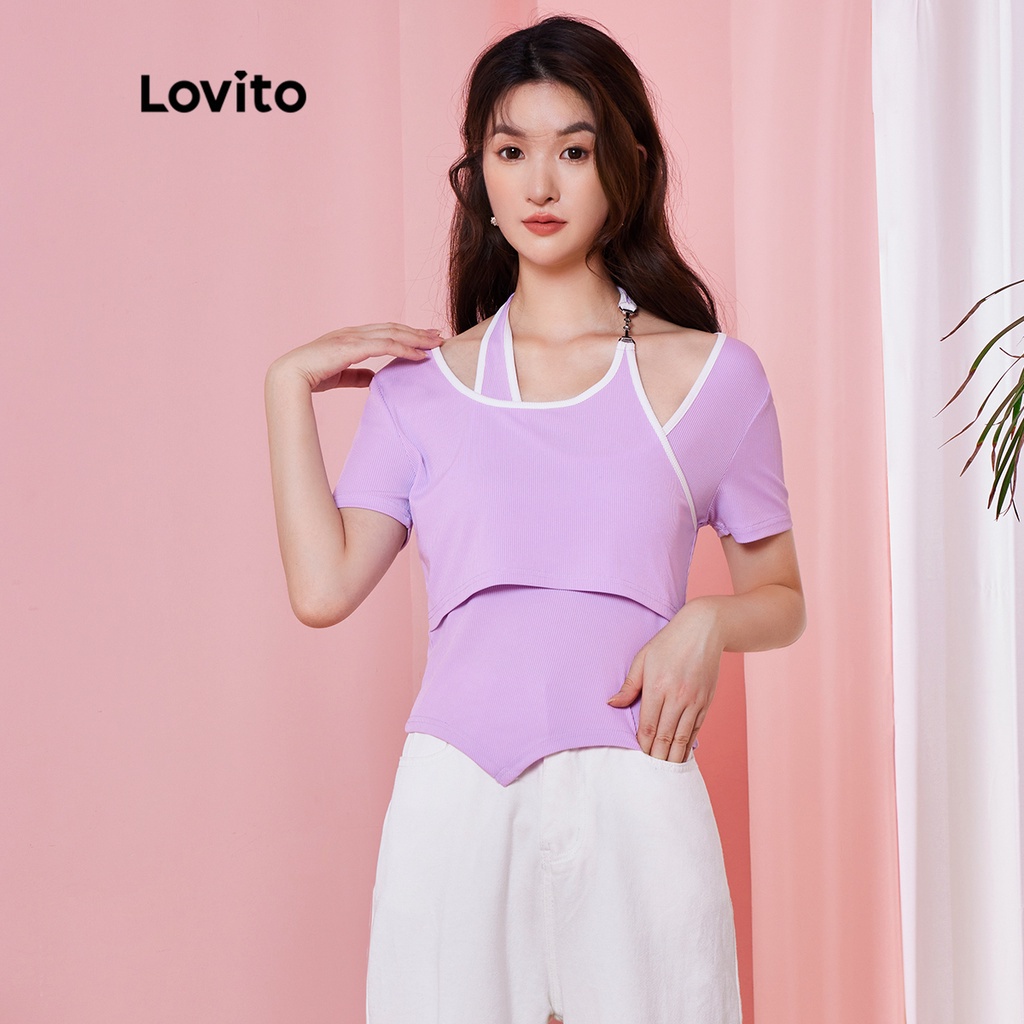 Áo (Lovito Exclusive) DOPAMINE GIRLS Ràng buộc tương phản không đối xứng đồng bằng Bình thường L28AE007 (Tím nhạt)