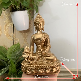 [Phật Dược Sư] Tượng đá Phật Dược Sư Lưu Ly Quang ngồi tòa sen - Cao 16cm - Màu nhũ đồng