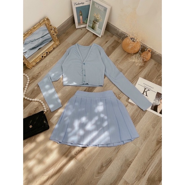ÁO CROPTOP TAY DÀI ÔM BODY VÀ CHÂN VÁY XANH TENNIS [kèm ảnh thật]