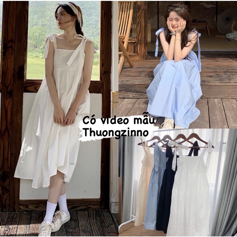 [Ảnh thật/Video]Đầm hai dây babydoll dáng dài bản to Váy hai dây ba tầng buộc nơ vai dáng dài