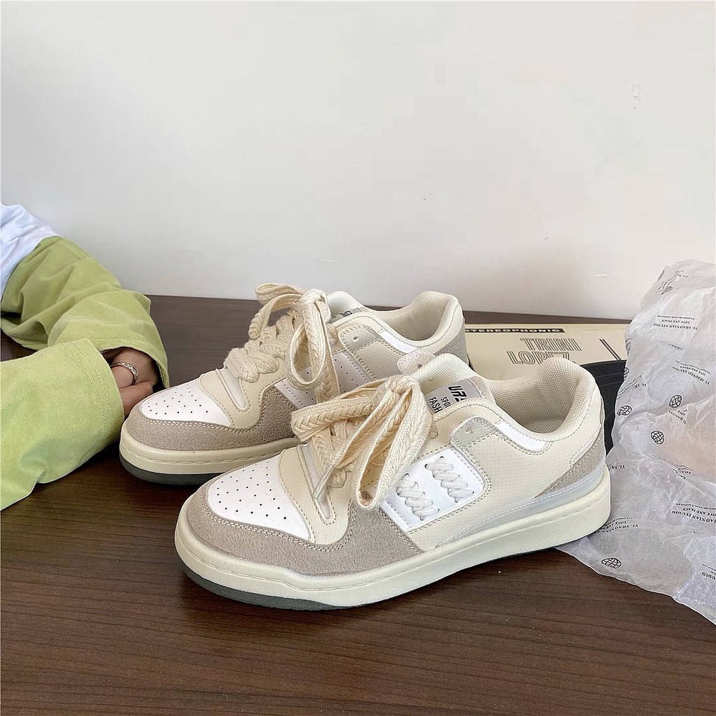 𝗺𝗶𝗲 𝘀𝘁𝘂𝗱𝗶𝗼 - SẴN NÂU BE 39 Giày thể thao sneaker mix màu da lộn dây thắt độc đáo