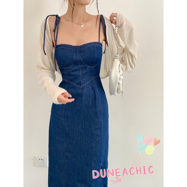 DUNEA Đầm Denim Trễ Vai Xẻ Tà Gợi Cảm Dành Cho Nữ