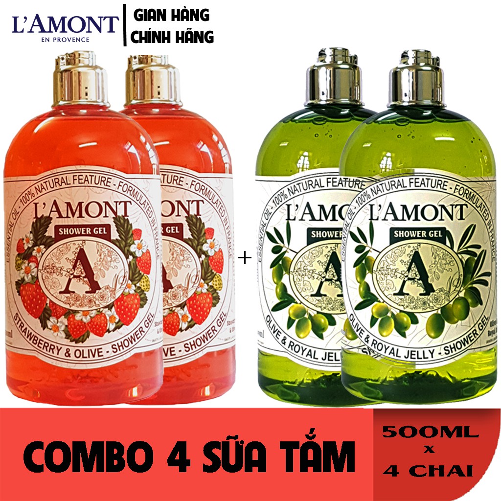 [Mã FMCGMALL - 8% đơn 250K] Combo 4 chai Sữa Tắm LAmont En Provence Hương Dâu Tây và Hương Oliu 500ml/chai