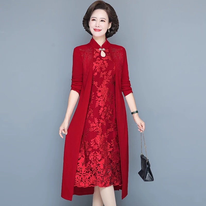 Đầm trung niên nữ cao cấp, thiết kế phối ren sang trọng, dáng dài thanh lịch NV0948