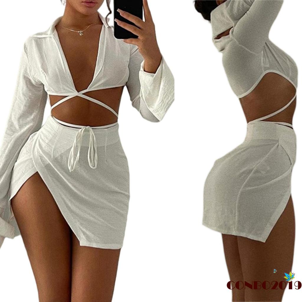 HGM-Women’s Sexy Tops and Skirt Suit Fashion Solid Color Long Sleeve Cardigan and Split Short Skirt