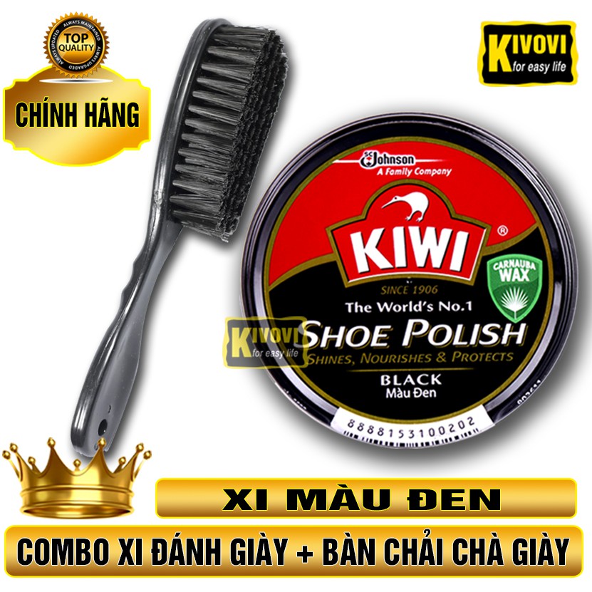 Combo Bộ Xi Đánh Giày Đen / Bàn Chải Đánh Giày Lông Ngựa CÁN DÀI KIWI -Sáp Đánh Bóng Giày Da / Bàn Chải Lông Ngựa-Kivovi