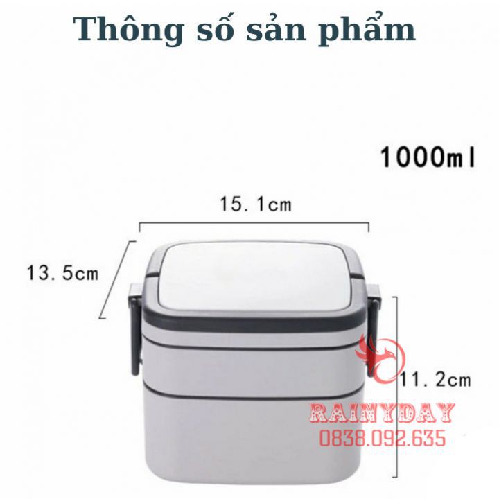 Hộp đựng cơm giữ nhiệt văn phòng 2 tầng bằng nhựa hình vuông kiểu nhật có quai xách kèm thìa