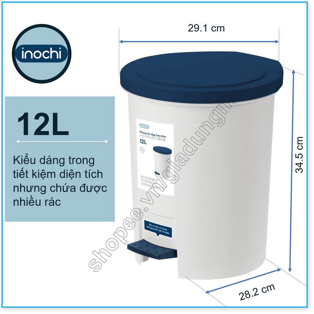 Thùng Rác Inochi Có Nắp Đậy Tròn 12 Lít Làm Sọt Rác Văn Phòng, Đựng Rác Gia Đình, Trong Nhà, Ngoài Trời