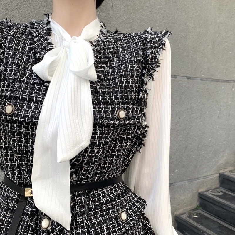 SET ÁO VEST GILE DẠ TWEED VÀ ÁO SƠ MI CỔ BUỘC NƠ KẺ SỌC