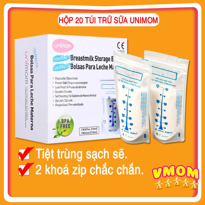 Hộp 20 Túi Trữ Sữa UNIMOM 210ml Chính Hãng, 2 Khoá Zip Chống Tràn, Tiệt Trùng Sạch Sẽ
