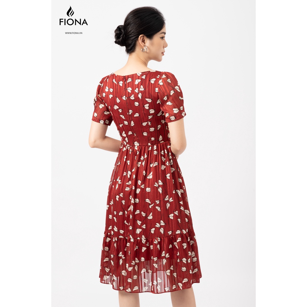 Đầm xòe cổ vuông Fiona, Đầm công sở xoắn nơ ngực tay nhún bồng màu đỏ F451406